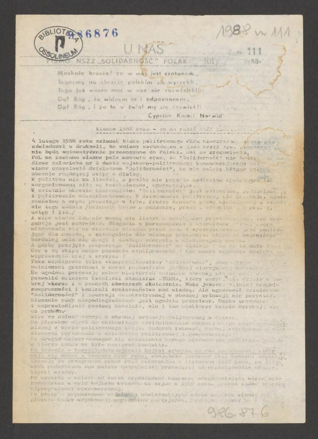 U Nas&nbsp;: pismo NSZZ &bdquo;Solidarność&rdquo; Polar.&nbsp;1988, numer&nbsp;111