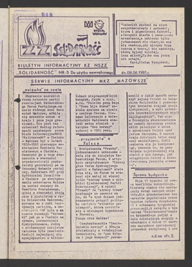 NSZZ &bdquo;Solidarność" PZL Hydral Wrocław&nbsp;: biuletyn informacyjny KZ NSZZ &bdquo;Solidarność&rdquo;. 1981, numer&nbsp;5