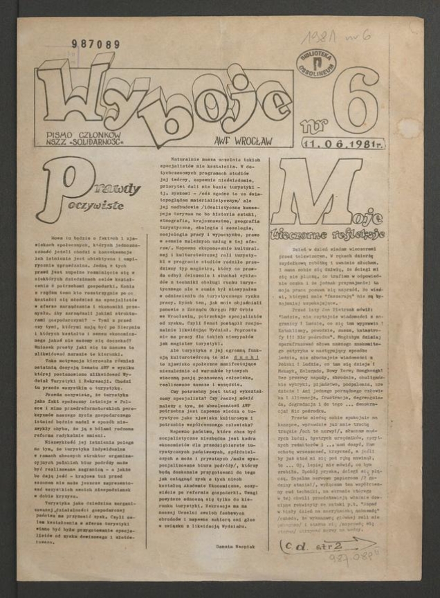 Wyboje&nbsp;: pismo członk&oacute;w NSZZ &bdquo;Solidarność&rdquo; AWF Wrocław. 1981, numer&nbsp;6