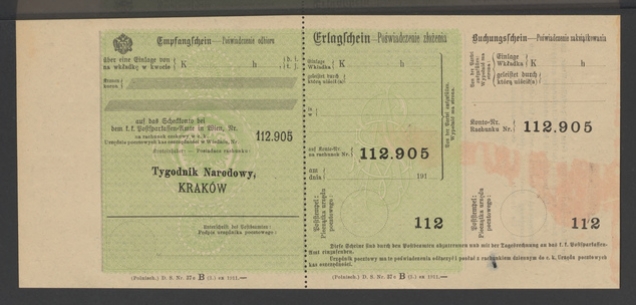Tygodnik Narodowy, Krak&oacute;w&nbsp;: poświadczenie odbioru, poświadczenie złożenia, poświadczenie zaksiążkowania