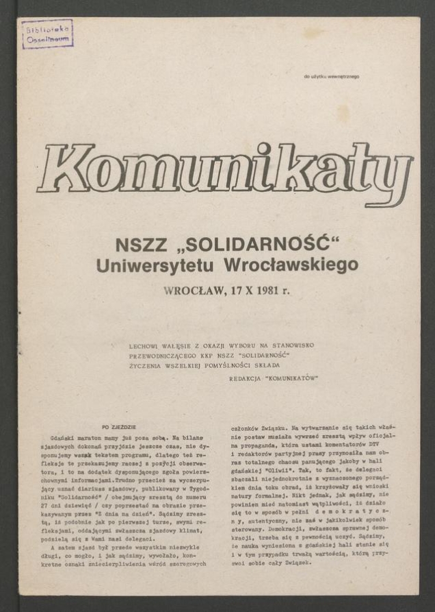 Komunikaty NSZZ &bdquo;Solidarność&rdquo; Uniwersytetu Wrocławskiego. 1981, numer&nbsp;44