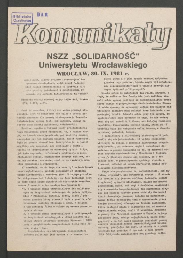 Komunikaty NSZZ &bdquo;Solidarność&rdquo; Uniwersytetu Wrocławskiego. 1981, numer&nbsp;43