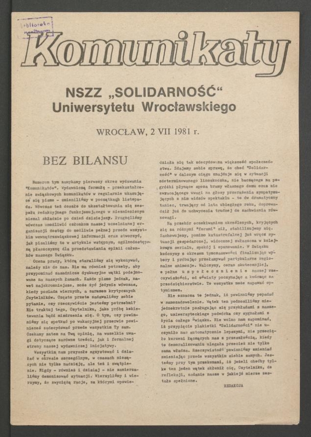 Komunikaty NSZZ &bdquo;Solidarność&rdquo; Uniwersytetu Wrocławskiego. 1981, numer&nbsp;42