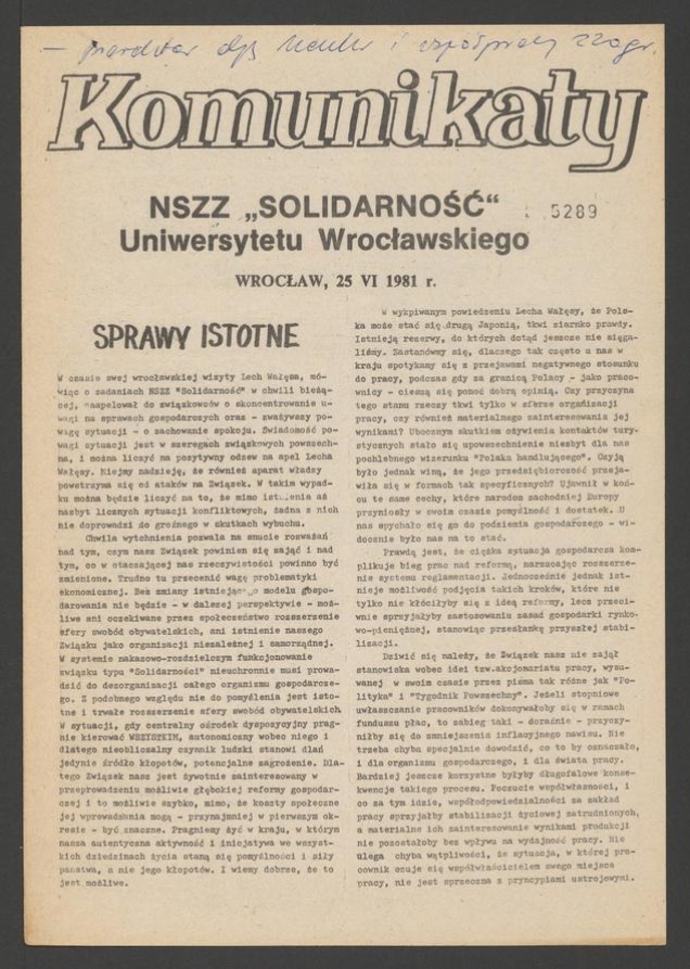 Komunikaty NSZZ &bdquo;Solidarność&rdquo; Uniwersytetu Wrocławskiego. 1981, numer&nbsp;41