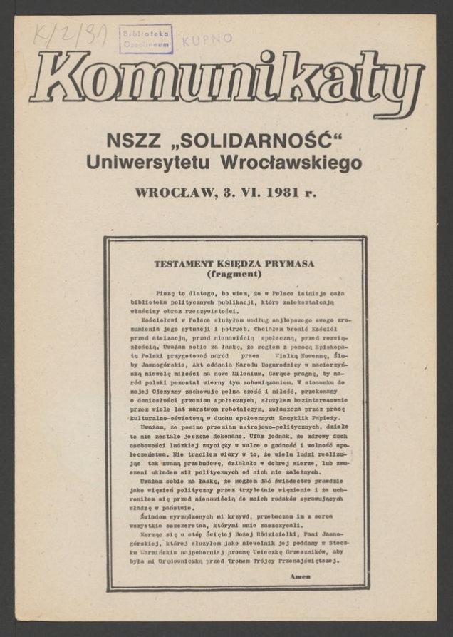 Komunikaty NSZZ &bdquo;Solidarność&rdquo; Uniwersytetu Wrocławskiego. 1981, numer&nbsp;38