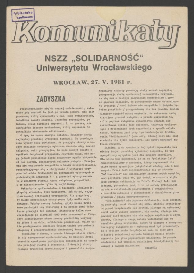 Komunikaty NSZZ &bdquo;Solidarność&rdquo; Uniwersytetu Wrocławskiego. 1981, numer&nbsp;37