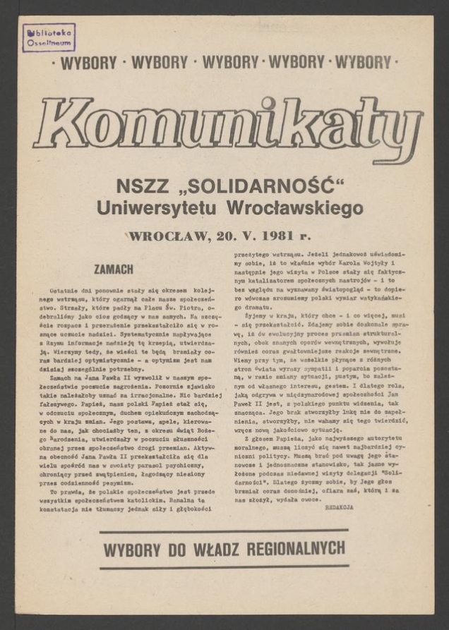 Komunikaty NSZZ &bdquo;Solidarność&rdquo; Uniwersytetu Wrocławskiego. 1981, numer&nbsp;36