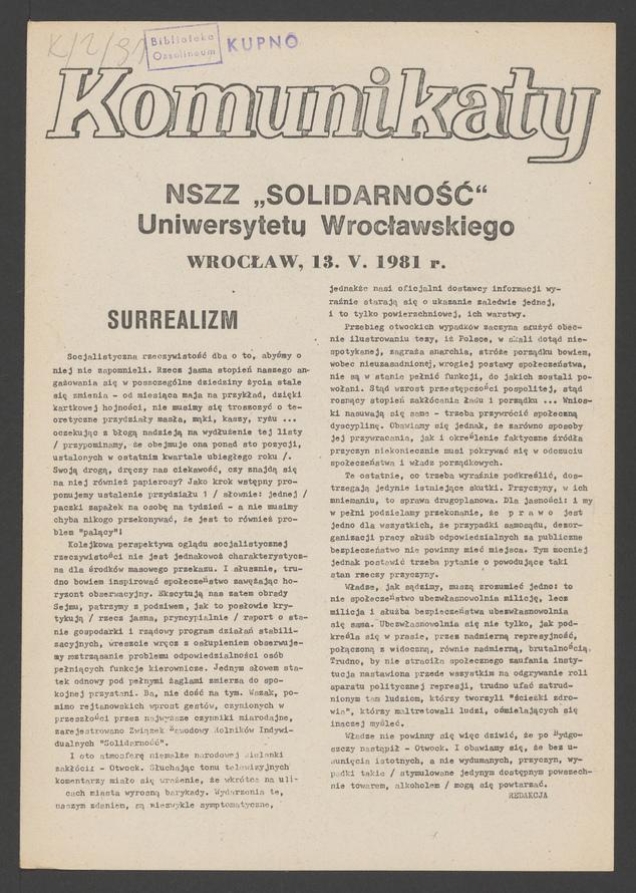 Komunikaty NSZZ &bdquo;Solidarność&rdquo; Uniwersytetu Wrocławskiego. 1981, numer&nbsp;35