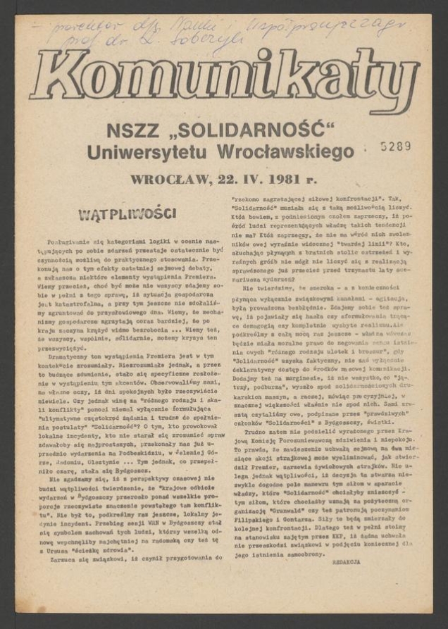 Komunikaty NSZZ &bdquo;Solidarność&rdquo; Uniwersytetu Wrocławskiego. 1981, numer&nbsp;32
