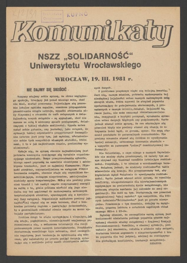 Komunikaty NSZZ &bdquo;Solidarność&rdquo; Uniwersytetu Wrocławskiego. 1981, numer&nbsp;28