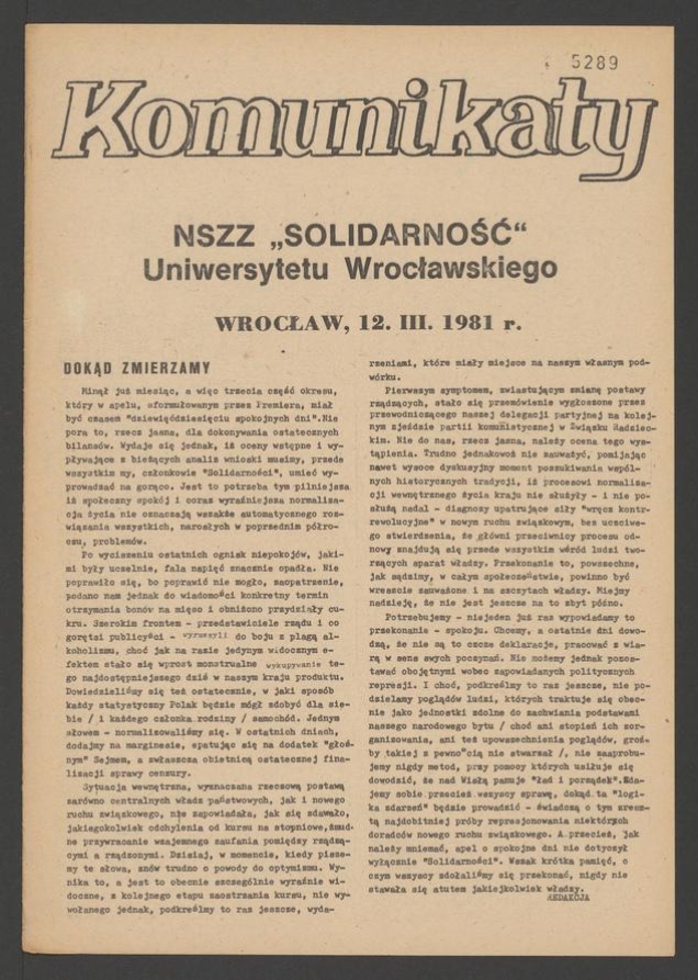 Komunikaty NSZZ &bdquo;Solidarność&rdquo; Uniwersytetu Wrocławskiego. 1981, numer&nbsp;27