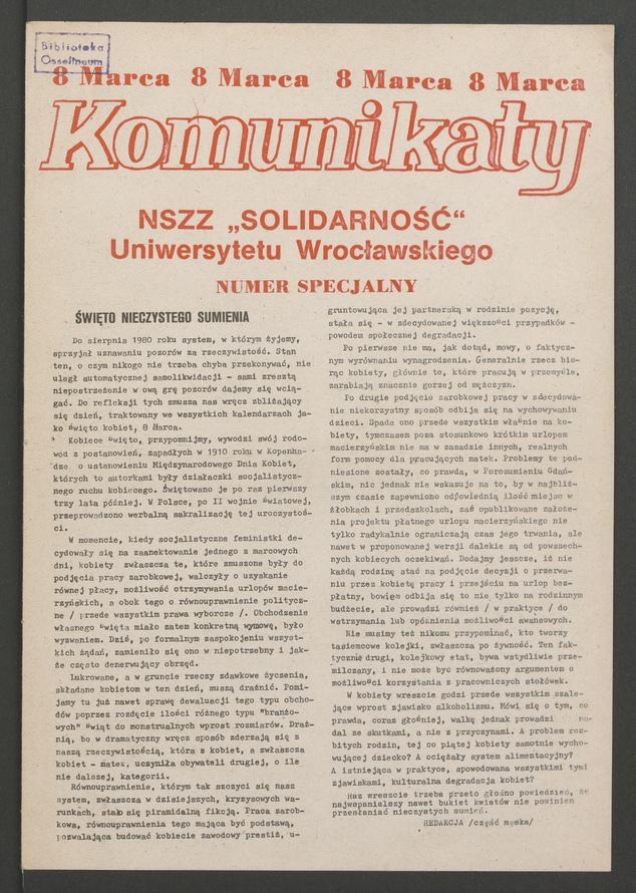 Komunikaty NSZZ &bdquo;Solidarność&rdquo; Uniwersytetu Wrocławskiego. 1981, numer&nbsp;26, numer&nbsp;specjalny