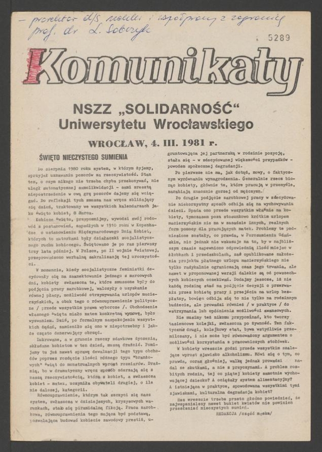 Komunikaty NSZZ &bdquo;Solidarność&rdquo; Uniwersytetu Wrocławskiego. 1981, numer&nbsp;26