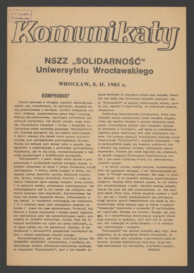 Komunikaty NSZZ &bdquo;Solidarność&rdquo; Uniwersytetu Wrocławskiego. 1981, numer&nbsp;22