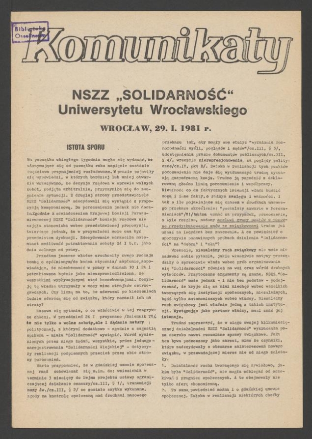 Komunikaty NSZZ &bdquo;Solidarność&rdquo; Uniwersytetu Wrocławskiego. 1981, numer&nbsp;21