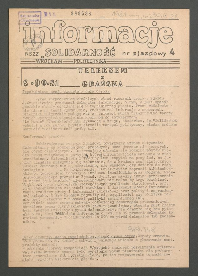 Informacje NSZZ &bdquo;Solidarność&rdquo; Wrocław Politechnika. 1981.09.08, numer zjazdowy&nbsp;4