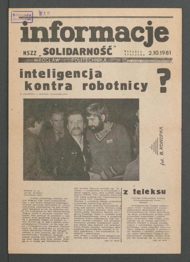 Informacje NSZZ &bdquo;Solidarność&rdquo; Wrocław Politechnika. 1981.10.02, wydanie zjazdowe