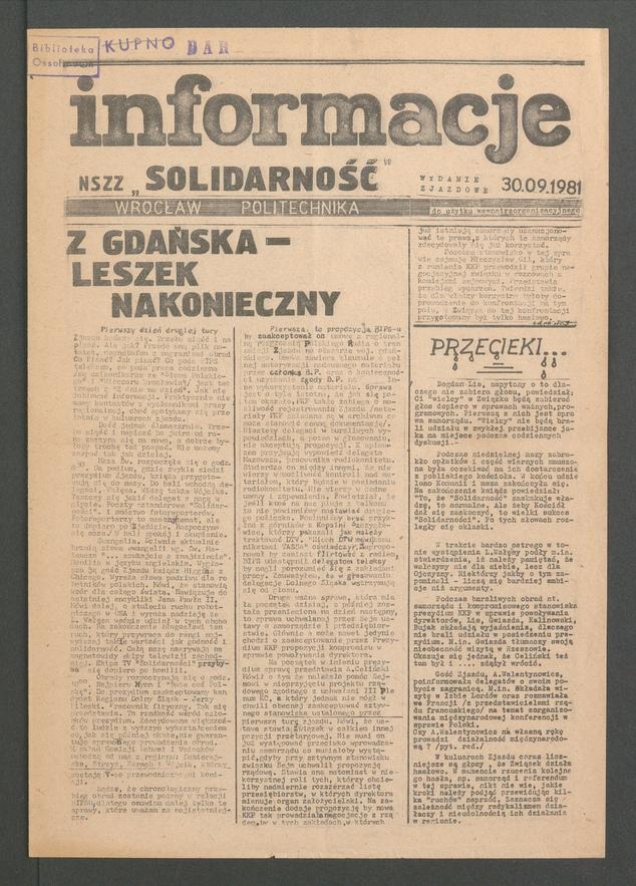 Informacje NSZZ &bdquo;Solidarność&rdquo; Wrocław Politechnika. 1981.09.30, wydanie zjazdowe