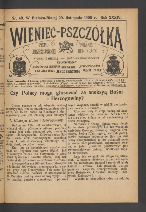 Wieniec-Pszcz&oacute;łka&nbsp;: pismo polskiej chrześcijańskiej demokracyi. Rok&nbsp;34, 1908, numer&nbsp;49