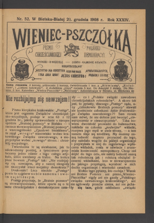Wieniec-Pszcz&oacute;łka&nbsp;: pismo polskiej chrześcijańskiej demokracyi. Rok&nbsp;34, 1908, numer&nbsp;52