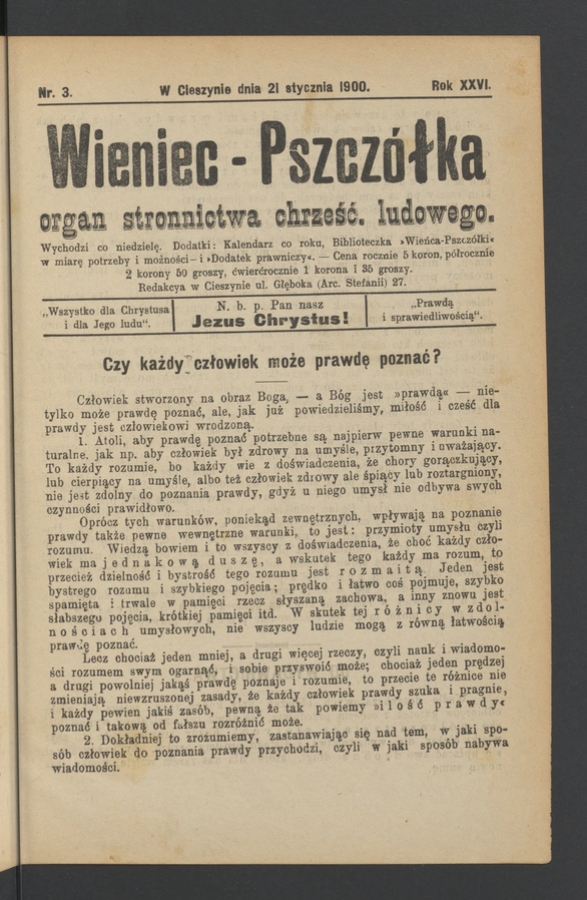 Wieniec-Pszcz&oacute;łka&nbsp;: organ Stronnictwa Chrześcijańsko-Ludowego. Rok&nbsp;26, 1900, numer&nbsp;3