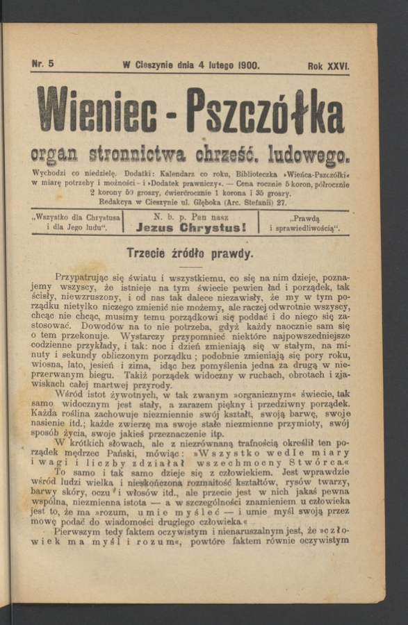 Wieniec-Pszcz&oacute;łka&nbsp;: organ Stronnictwa Chrześcijańsko-Ludowego. Rok&nbsp;26, 1900, numer&nbsp;5