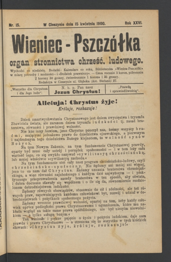 Wieniec-Pszcz&oacute;łka&nbsp;: organ Stronnictwa Chrześcijańsko-Ludowego. Rok&nbsp;26, 1900, numer&nbsp;15