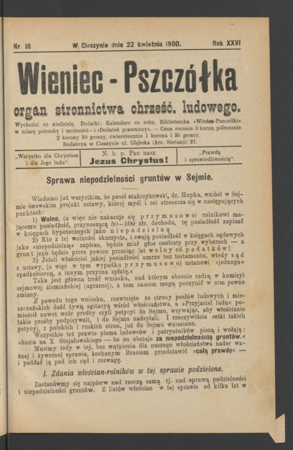 Wieniec-Pszcz&oacute;łka&nbsp;: organ Stronnictwa Chrześcijańsko-Ludowego. Rok&nbsp;26, 1900, numer&nbsp;16