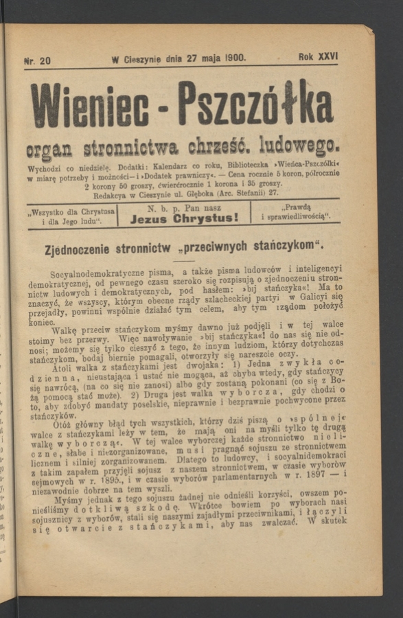 Wieniec-Pszcz&oacute;łka&nbsp;: organ Stronnictwa Chrześcijańsko-Ludowego. Rok&nbsp;26, 1900, numer&nbsp;20