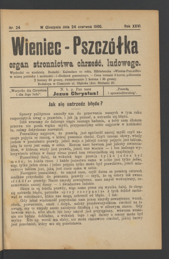 Wieniec-Pszcz&oacute;łka&nbsp;: organ Stronnictwa Chrześcijańsko-Ludowego. Rok&nbsp;26, 1900, numer&nbsp;24