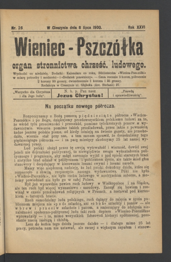 Wieniec-Pszcz&oacute;łka&nbsp;: organ Stronnictwa Chrześcijańsko-Ludowego. Rok&nbsp;26, 1900, numer&nbsp;26