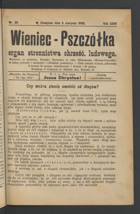 Wieniec-Pszcz&oacute;łka&nbsp;: organ Stronnictwa Chrześcijańsko-Ludowego. Rok&nbsp;26, 1900, numer&nbsp;30