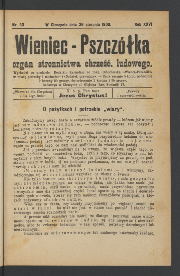 Wieniec-Pszcz&oacute;łka&nbsp;: organ Stronnictwa Chrześcijańsko-Ludowego. Rok&nbsp;26, 1900, numer&nbsp;33