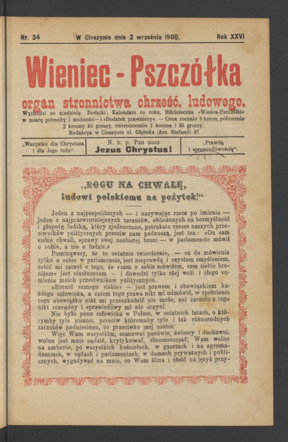 Wieniec-Pszcz&oacute;łka&nbsp;: organ Stronnictwa Chrześcijańsko-Ludowego. Rok&nbsp;26, 1900, numer&nbsp;34