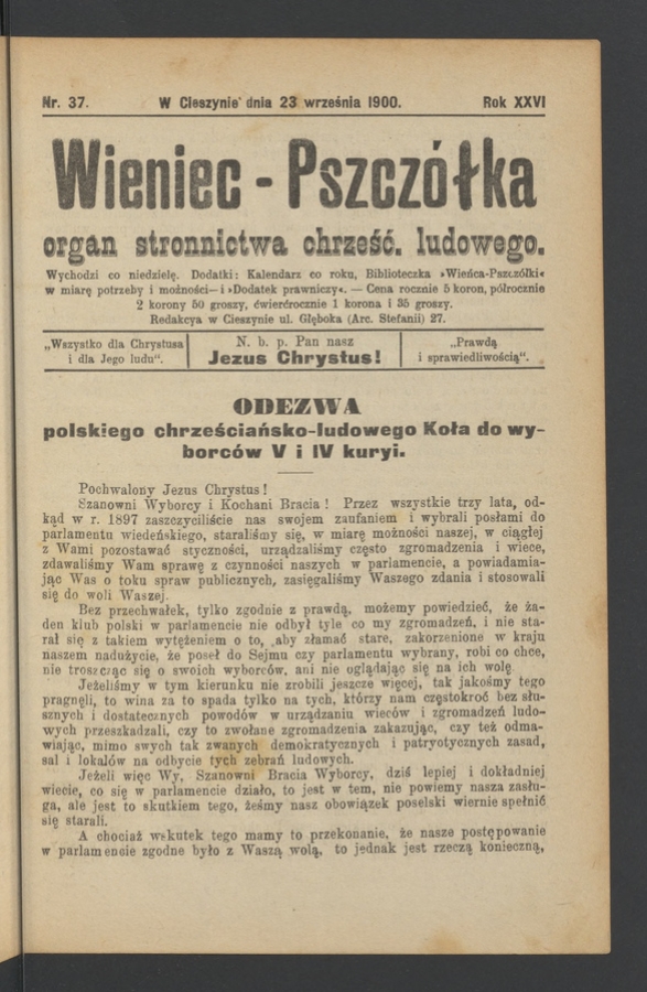 Wieniec-Pszcz&oacute;łka&nbsp;: organ Stronnictwa Chrześcijańsko-Ludowego. Rok&nbsp;26, 1900, numer&nbsp;37