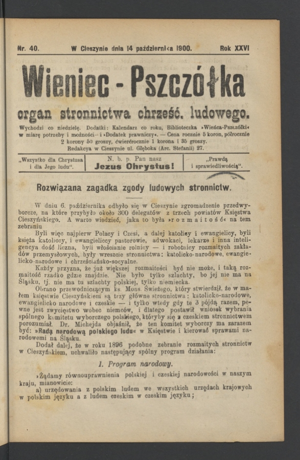 Wieniec-Pszcz&oacute;łka&nbsp;: organ Stronnictwa Chrześcijańsko-Ludowego. Rok&nbsp;26, 1900, numer&nbsp;40