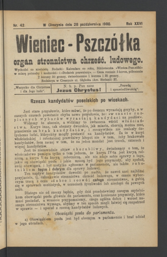 Wieniec-Pszcz&oacute;łka&nbsp;: organ Stronnictwa Chrześcijańsko-Ludowego. Rok&nbsp;26, 1900, numer&nbsp;42