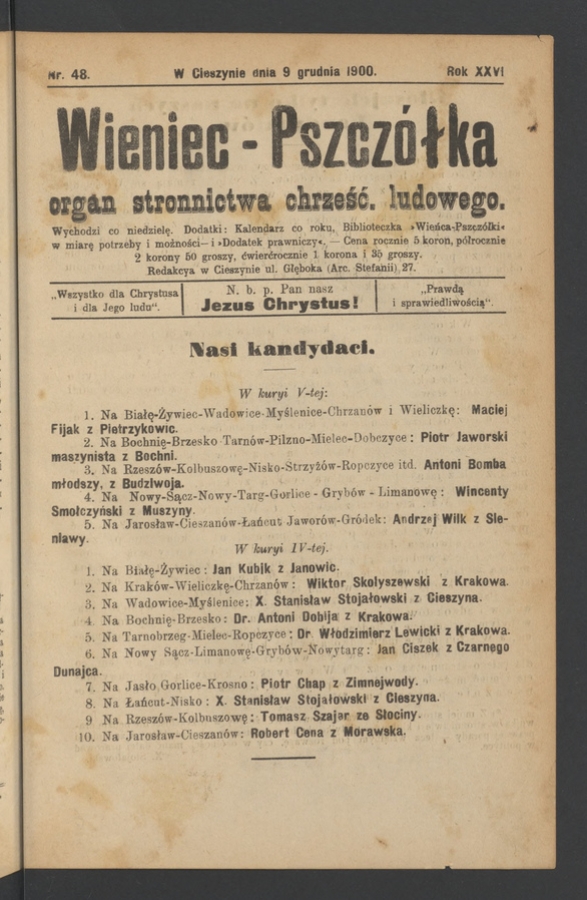 Wieniec-Pszcz&oacute;łka&nbsp;: organ Stronnictwa Chrześcijańsko-Ludowego. Rok&nbsp;26, 1900, numer&nbsp;48