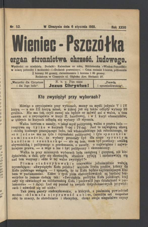 Wieniec-Pszcz&oacute;łka&nbsp;: organ Stronnictwa Chrześcijańsko-Ludowego. Rok&nbsp;26, 1901, numer&nbsp;52