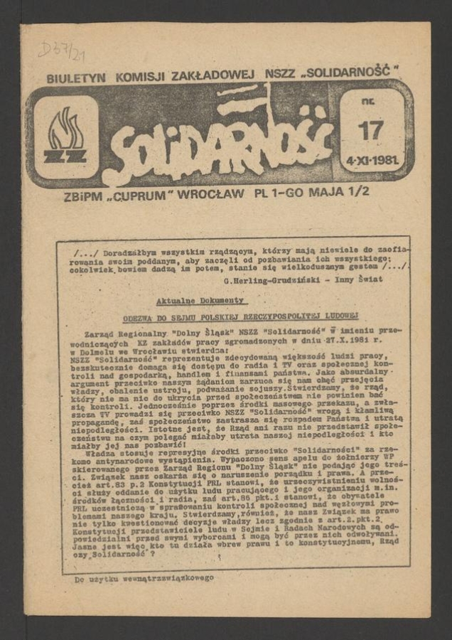 Biuletyn Komisji Zakładowej NSZZ &bdquo;Solidarność&rdquo; ZBiPM &bdquo;Cuprum&rdquo; Wrocław. 1981, numer&nbsp;17