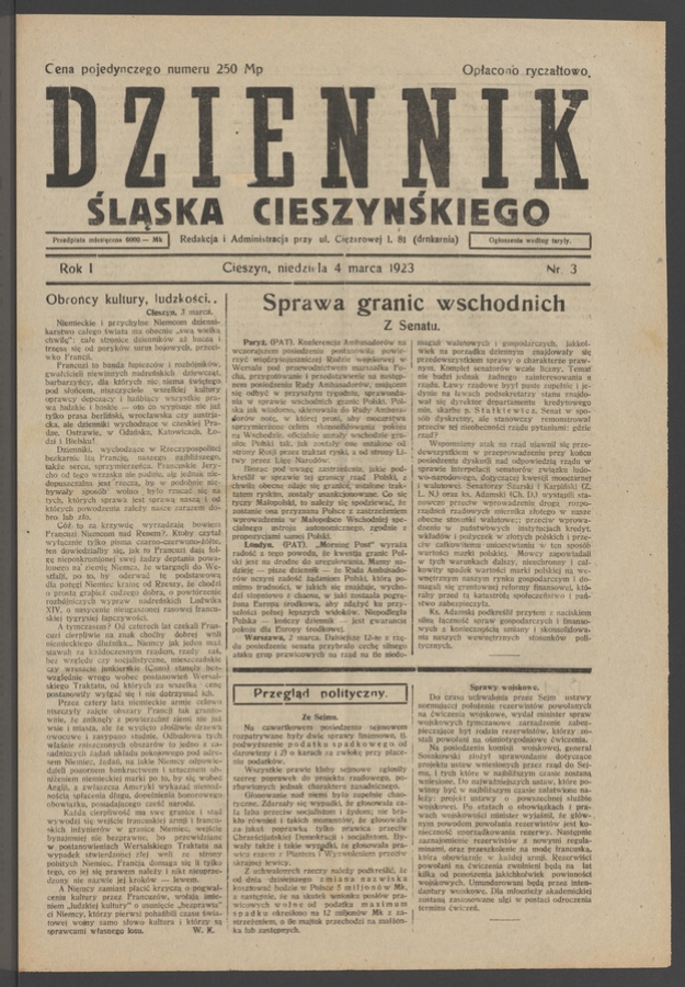 Dziennik Śląska Cieszyńskiego. Rok&nbsp;1, 1923, numer&nbsp;3