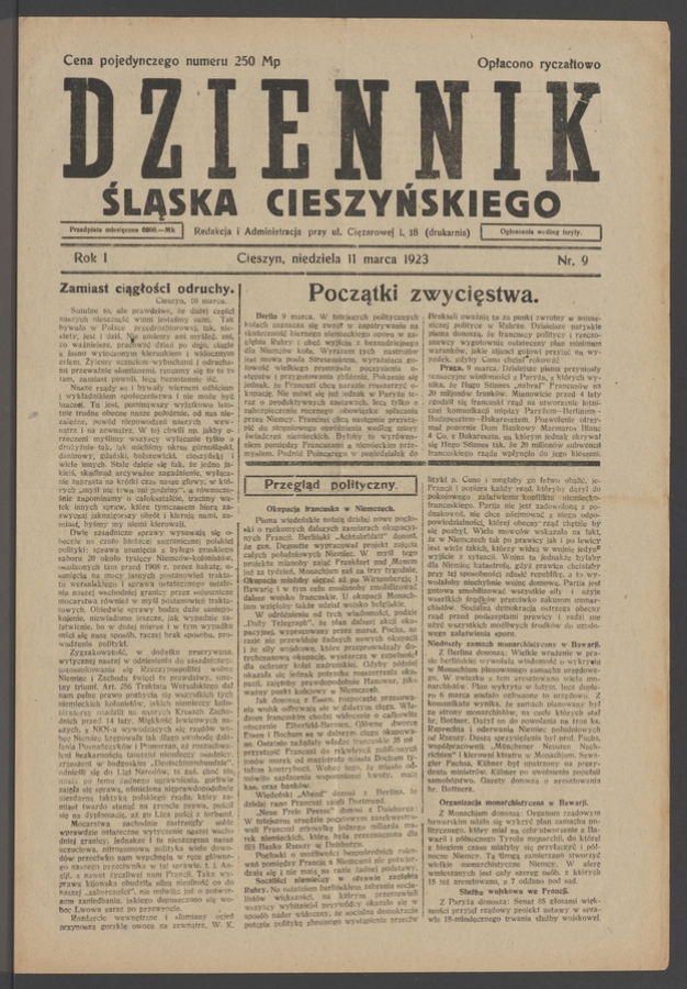 Dziennik Śląska Cieszyńskiego. Rok&nbsp;1, 1923, numer&nbsp;9
