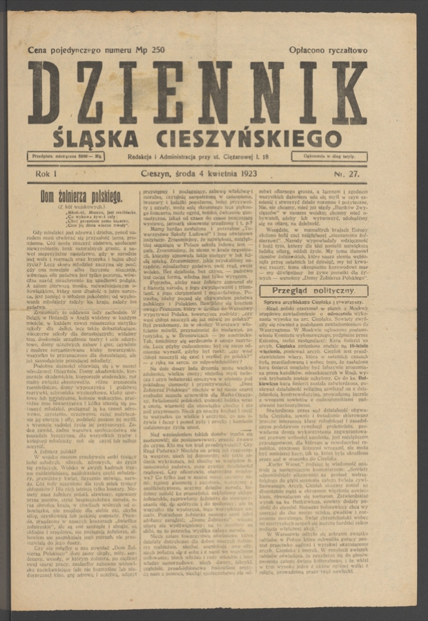 Dziennik Śląska Cieszyńskiego. Rok&nbsp;1, 1923, numer&nbsp;27