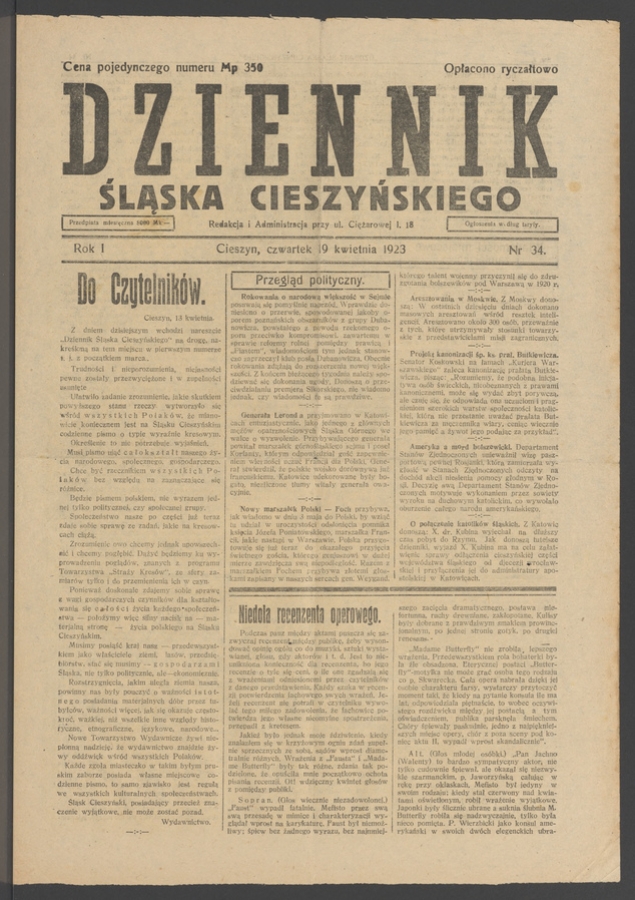 Dziennik Śląska Cieszyńskiego. Rok&nbsp;1, 1923, numer&nbsp;34