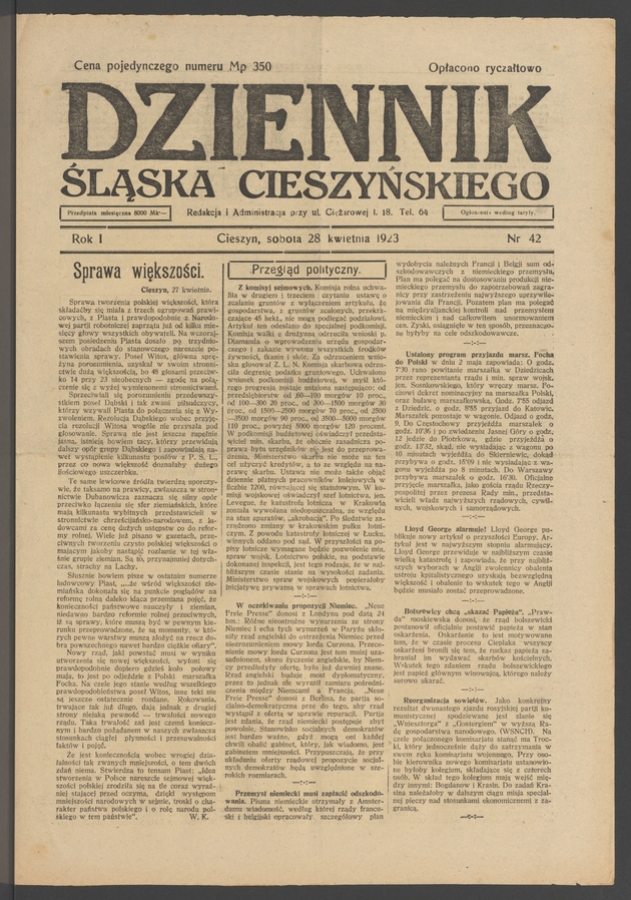 Dziennik Śląska Cieszyńskiego. Rok&nbsp;1, 1923, numer&nbsp;42