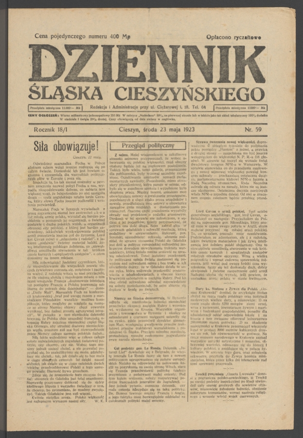 Dziennik Śląska Cieszyńskiego. Rocznik&nbsp;18/1, 1923, numer&nbsp;59