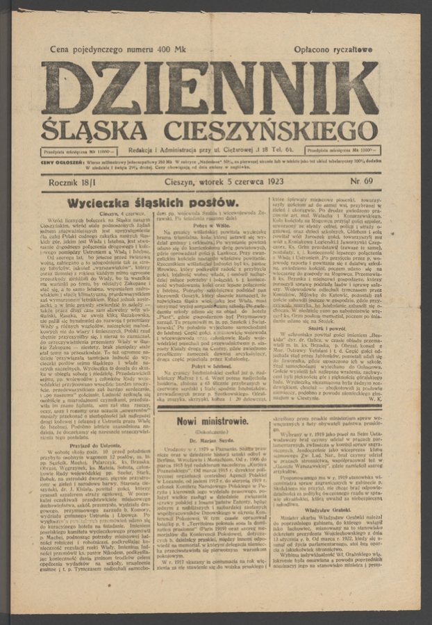 Dziennik Śląska Cieszyńskiego. Rocznik&nbsp;18/1, 1923, numer&nbsp;69