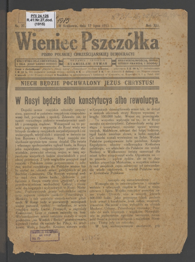 Wieniec-Pszcz&oacute;łka&nbsp;: pismo polskiej chrześcijańskiej demokracyi. Rok&nbsp;40, 1915, numer&nbsp;27