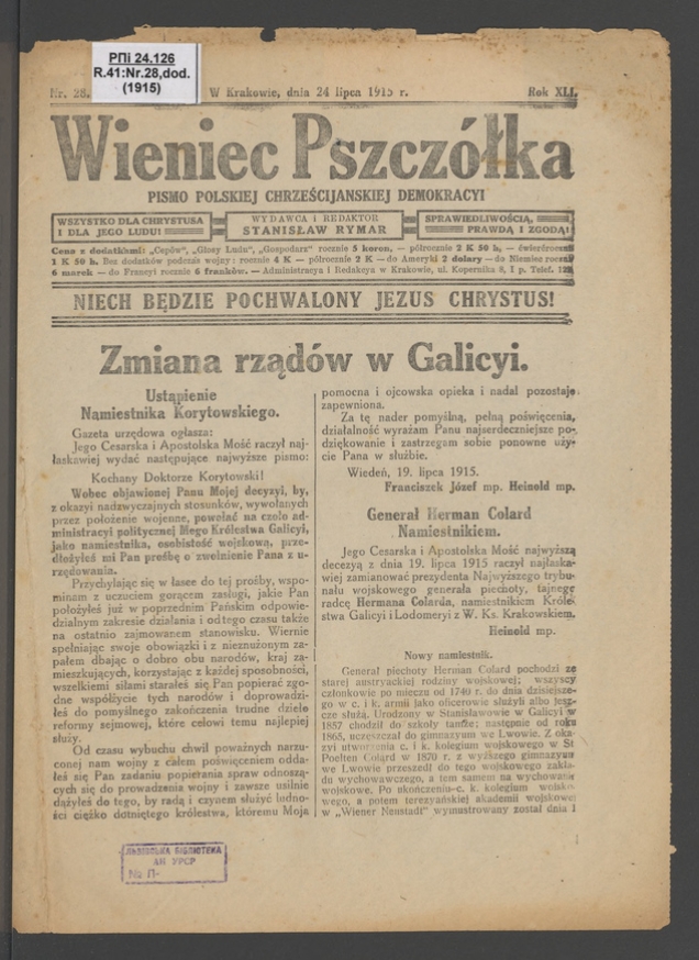 Wieniec-Pszcz&oacute;łka&nbsp;: pismo polskiej chrześcijańskiej demokracyi. Rok&nbsp;40, 1915, numer&nbsp;28