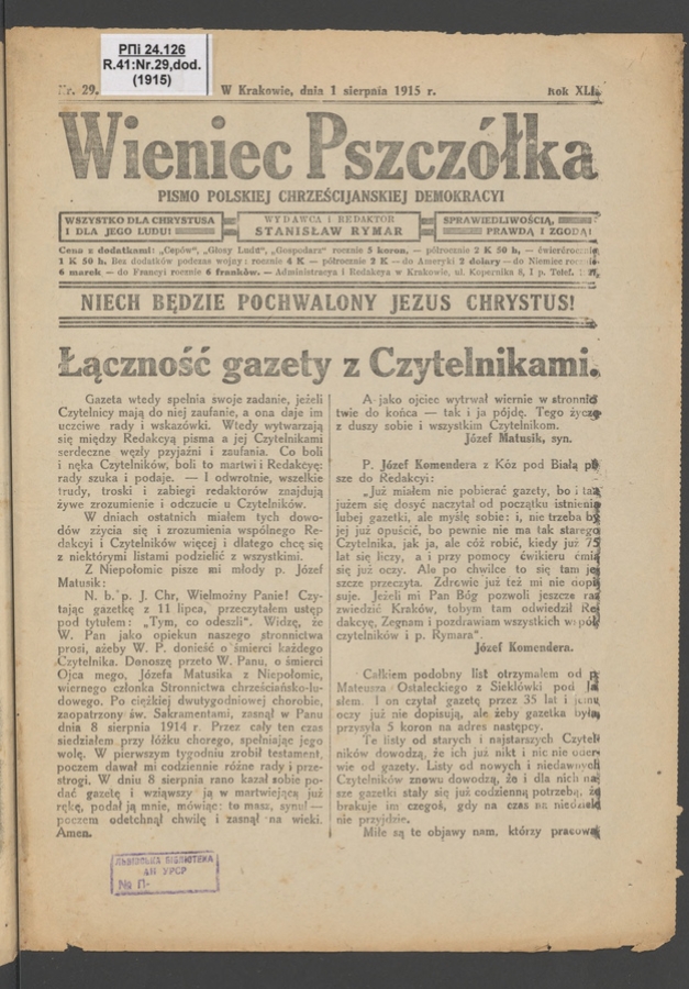Wieniec-Pszcz&oacute;łka&nbsp;: pismo polskiej chrześcijańskiej demokracyi. Rok&nbsp;40, 1915, numer&nbsp;29